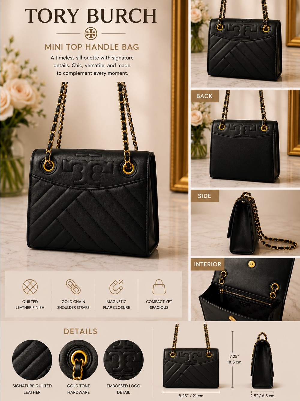 Tory Burch Black Quilted convertible Top Handle Shoulder/crossbody w/Gold Chain